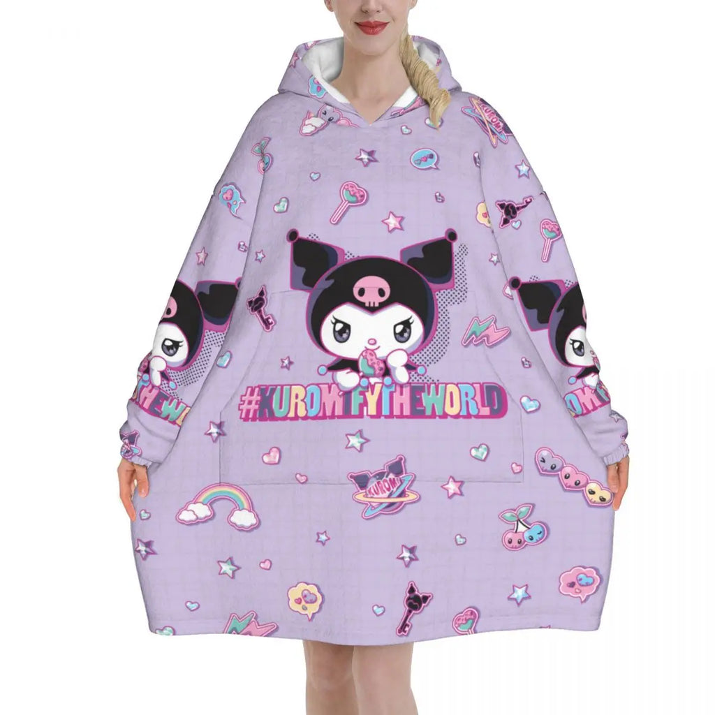 My Melody And Kuromi Blanket Hoodie Wearable Cute Cartoon Blanket Large with Pocket Warm Sleeping Bag Soft Cozy Onesie