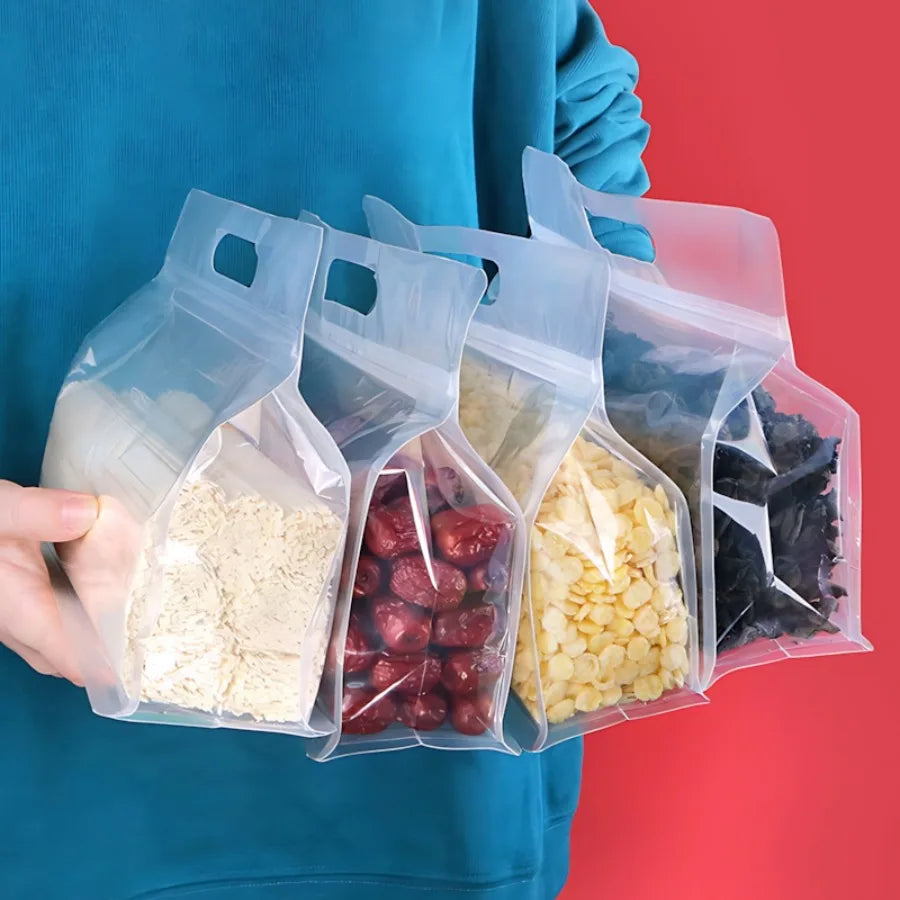 10 Pcs Thickened Stand-Up Ziplock Bags with Handle, Waterproof Moisture-Proof Reusable Storage Bags for Food, Tea & Bakery