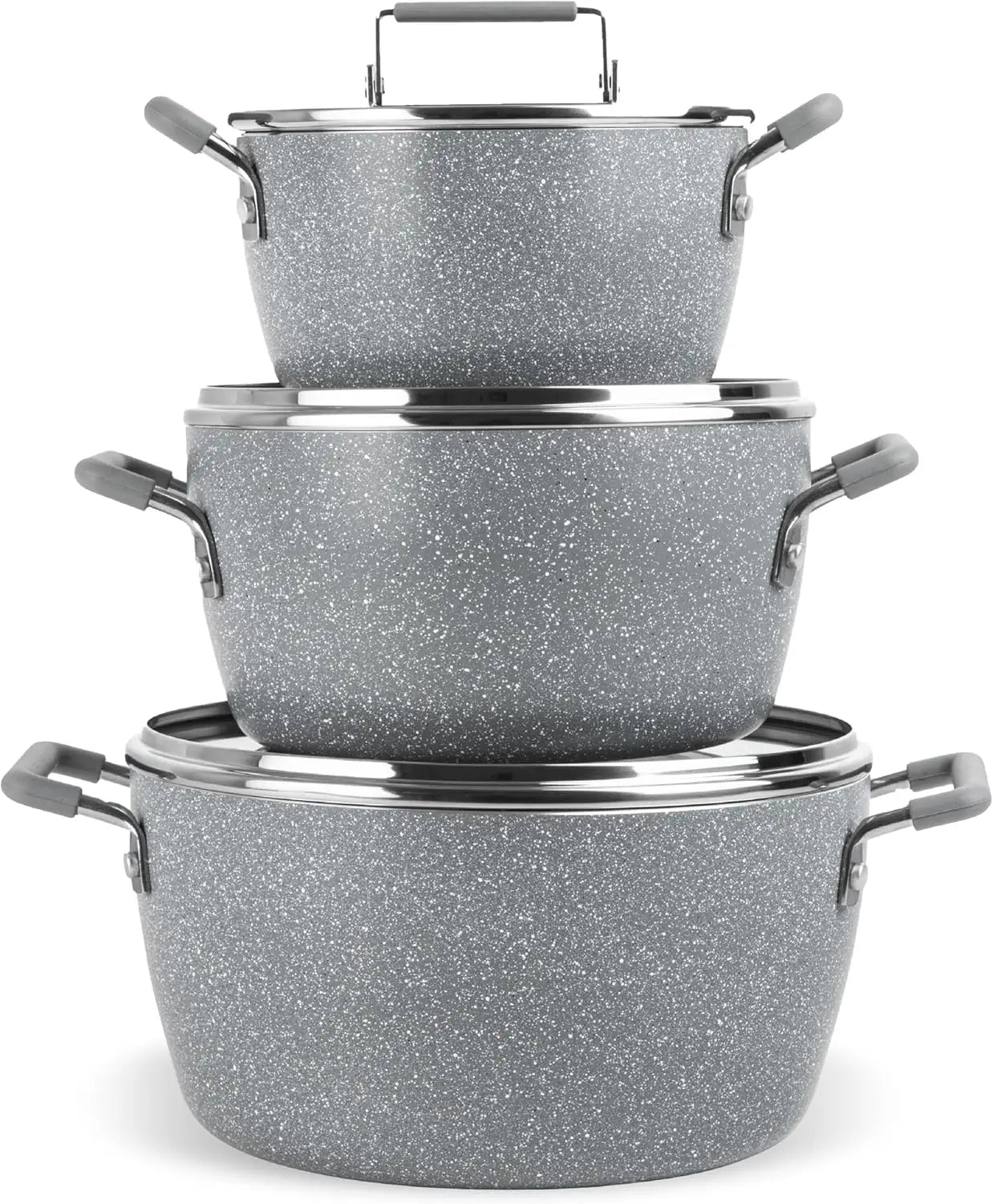 Nonstick Stackable Cooking Pots Set, 6-Piece Gray Granite Coating, Space-Saving Kitchen Cookware with Lids for Home Chefs