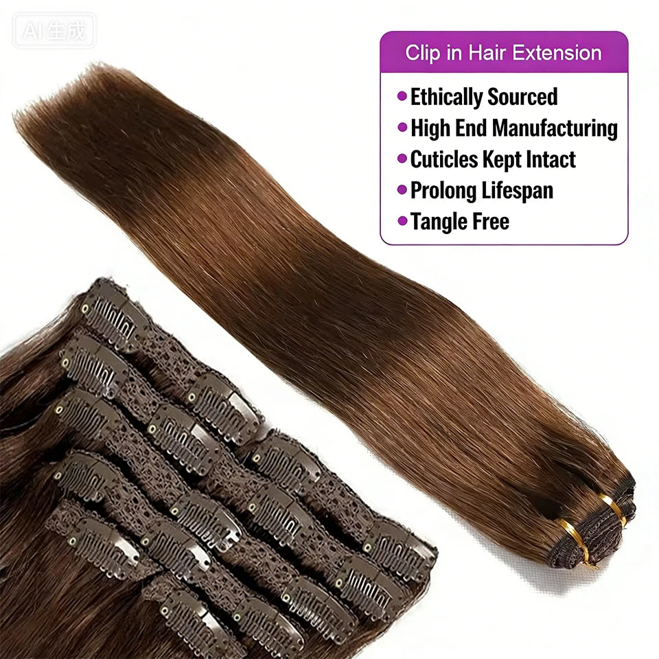 Clip in Hair Extension Human Hair Highlight #4/27 Clip on Brazilian Straight Human Hair Extensions 16-26 Inches Natural Color