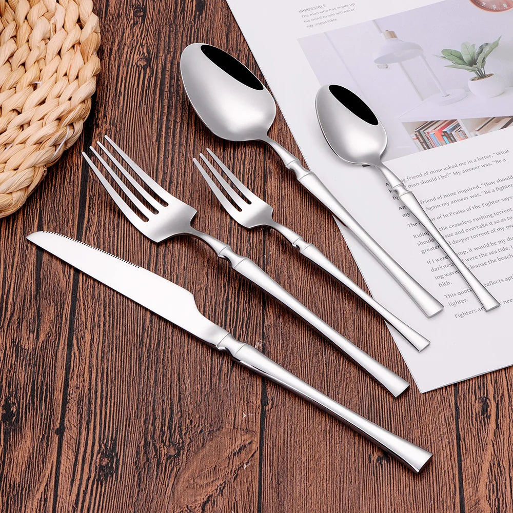 6/24/30Pcs Thin Cutlery Stainless Steel Sliver Tableware Western Dinner Set Solid Color Knife Fork Spoon Mirror Kitchen Utensils