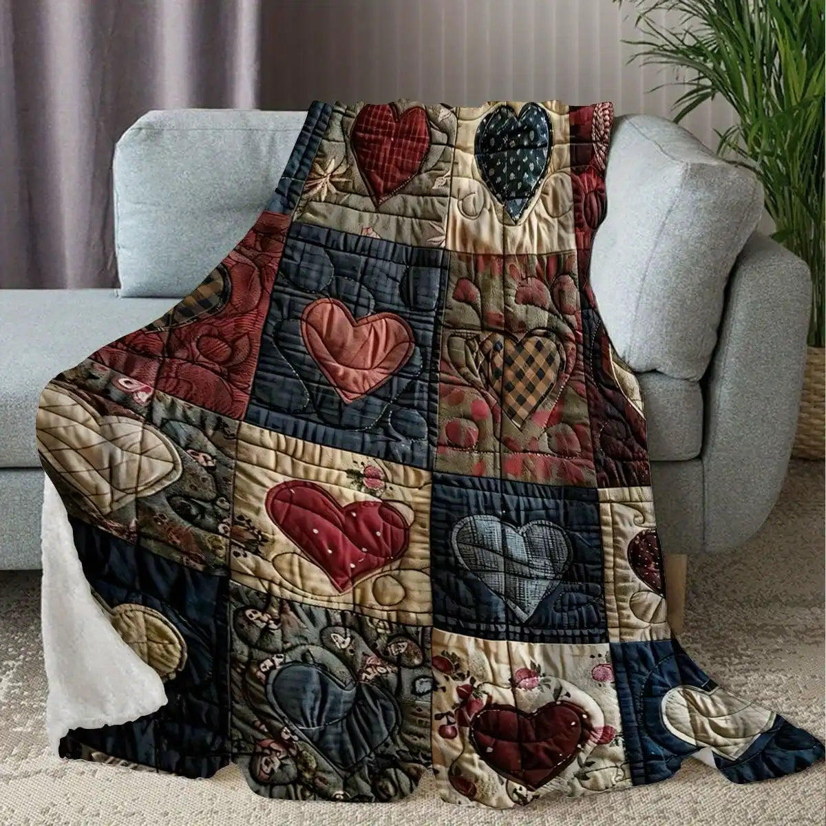 Ultra-Soft Flannel Heart-Print Blanket - Lightweight and portable for year-round travel, camping, or office use. Patchwork quilt