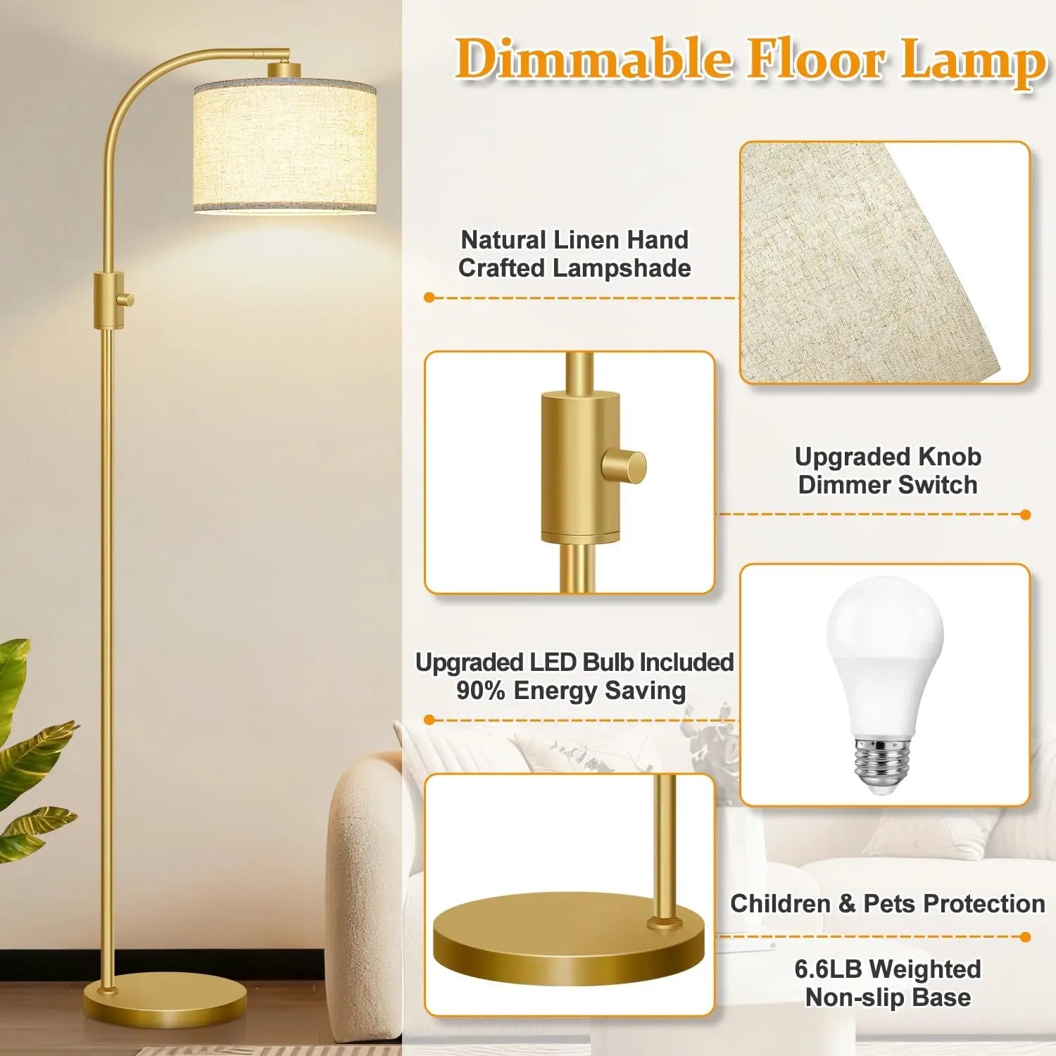 Modern Arc Dimmable Floor Lamp with Linen Shade, 1200 Lumens LED Bulb Included, Gold Finish for Living Room & Bedroom