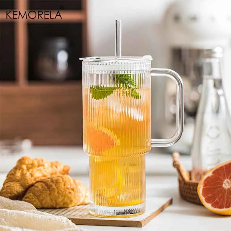 760ML Ribbed Glass Tumbler with Handle Lid 1/2/4PCS Large Iced Coffee Cups with Straws Modern Glass Mug for Cold & Hot Beverages
