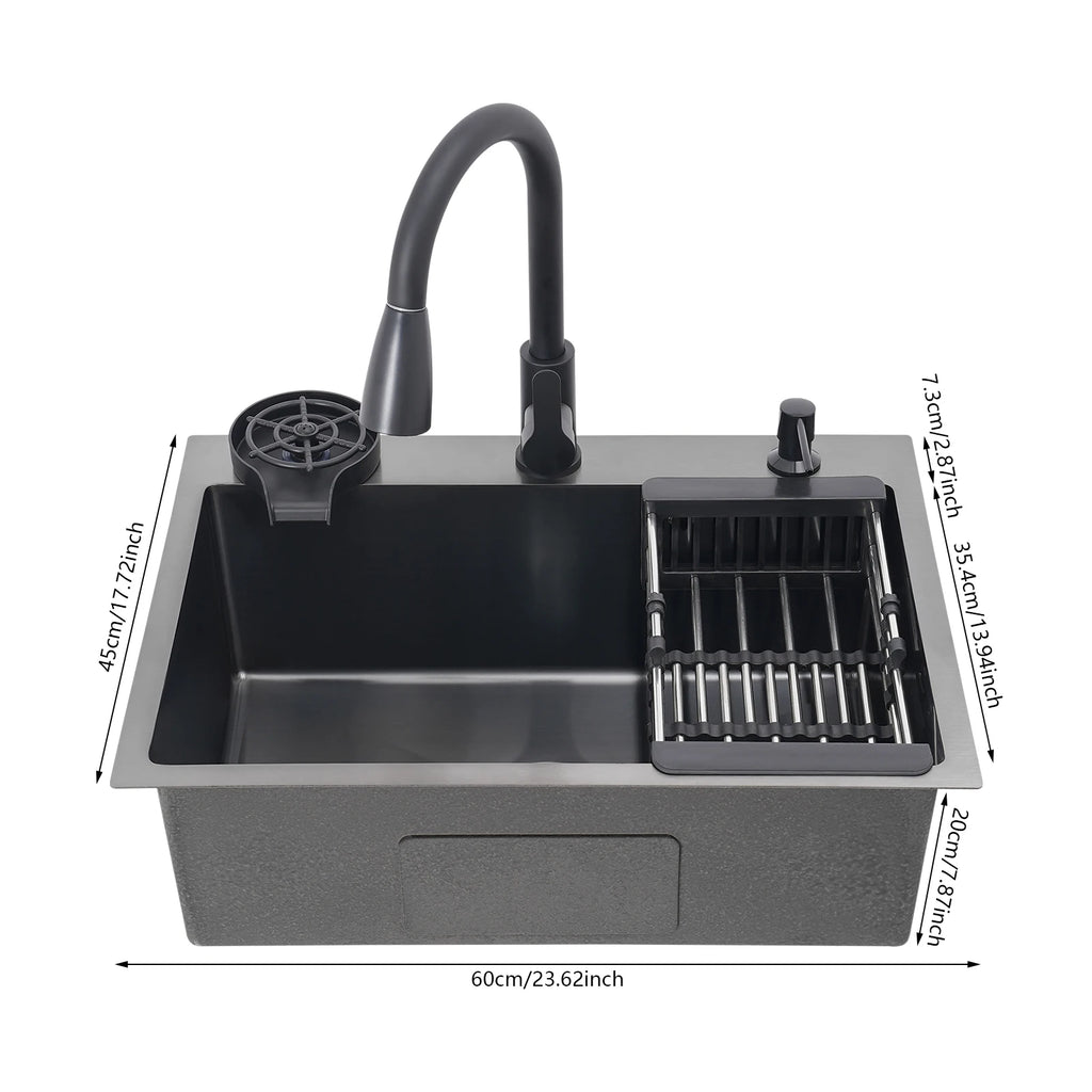 Multi-functional Kitchen Sink with Retractable Faucet, Soap Dispenser and Drip Basket Black Stainless Steel Sink 3 Specification