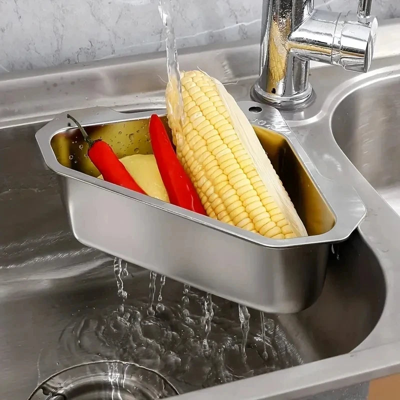 Stainless Steel Triangle Drain Basket Kitchen Sink Filter Shelf Fruit Vegetable Drainer Storage Rack Basket Bar with Suction Cup