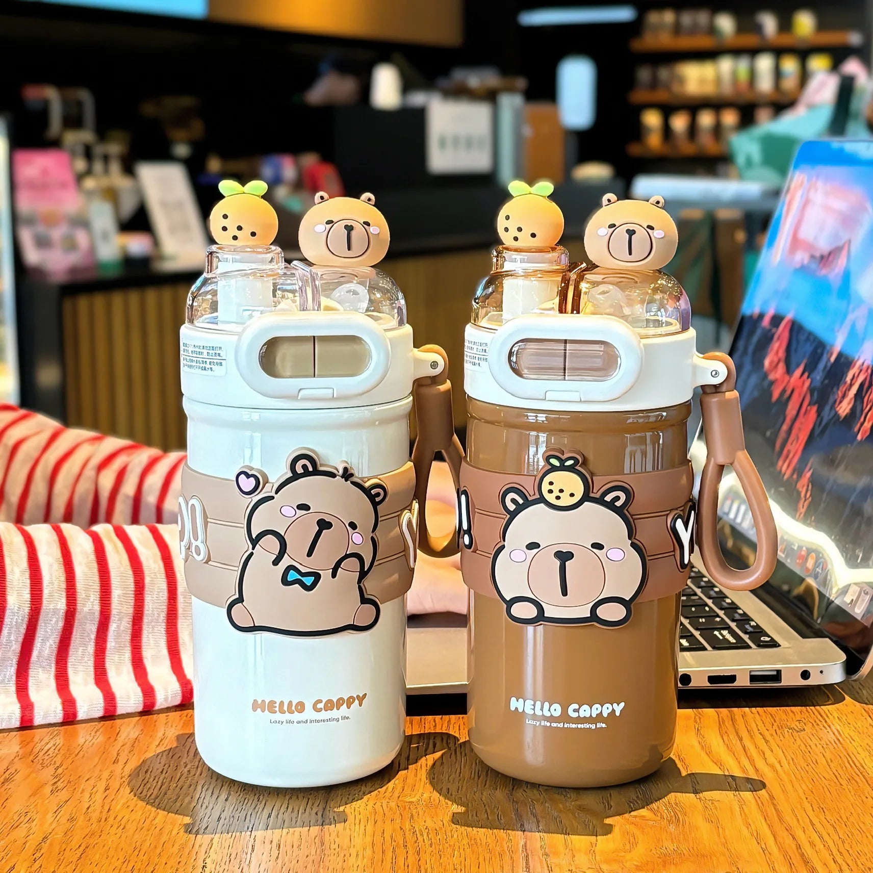 520ml Capybara Simplicity 316 Stainless Steel Vacuum Cup With Straw Strap Double Drink Portable Student Water Bottle