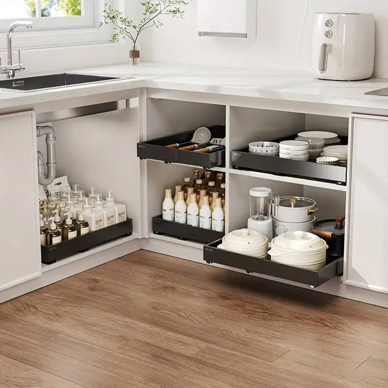 Pull Out Tray Organizer Kitchen Storage Rack Cabinet Expandable Under Sink Spice Boxes Silent Slide Drawer Style Bowl Dish Shelf