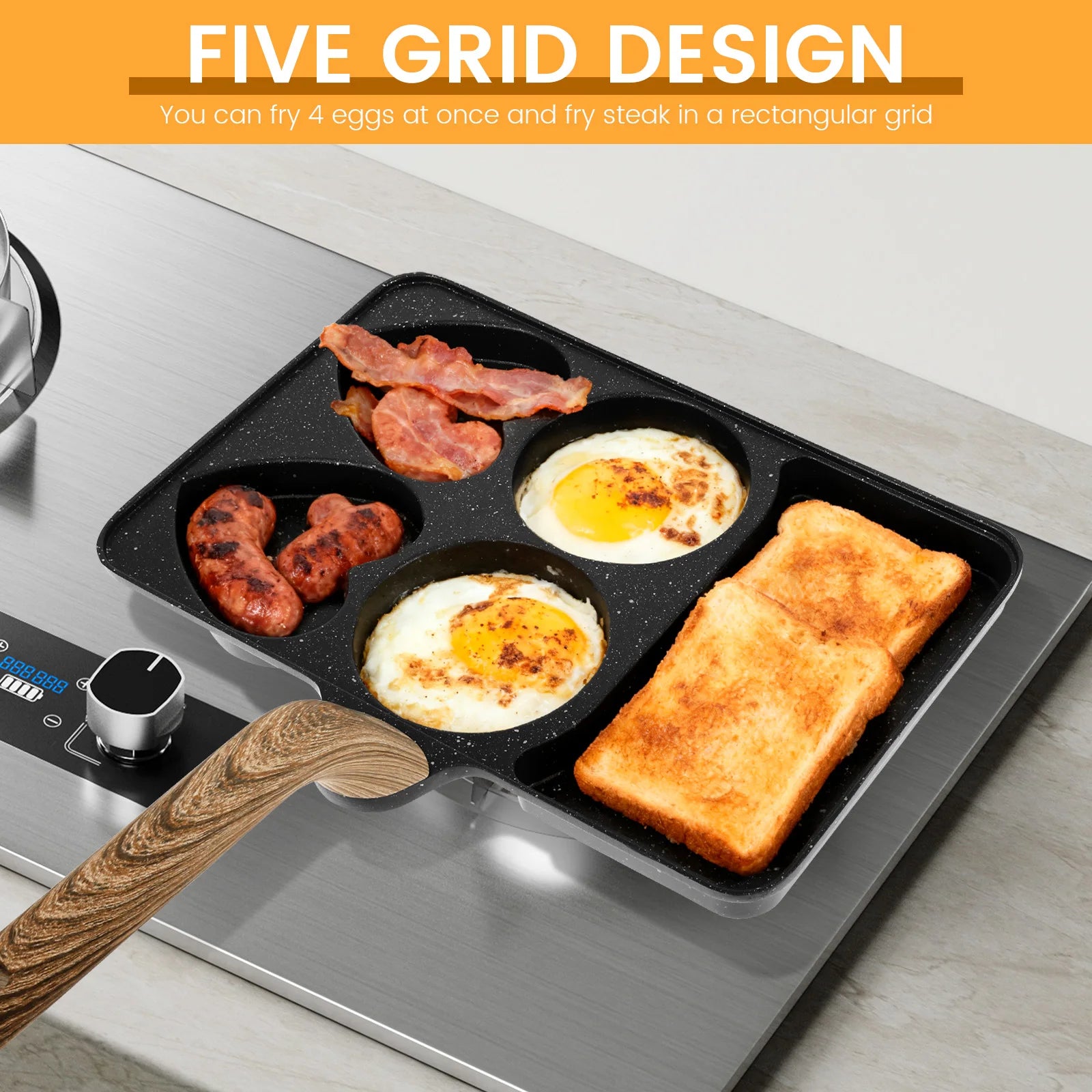 Maifanstone 5 in 1 Non Stick Egg Frying Pan Rapid Heating Omelette Frying Pan with 5 Compartment Uniform Heating for Breakfast