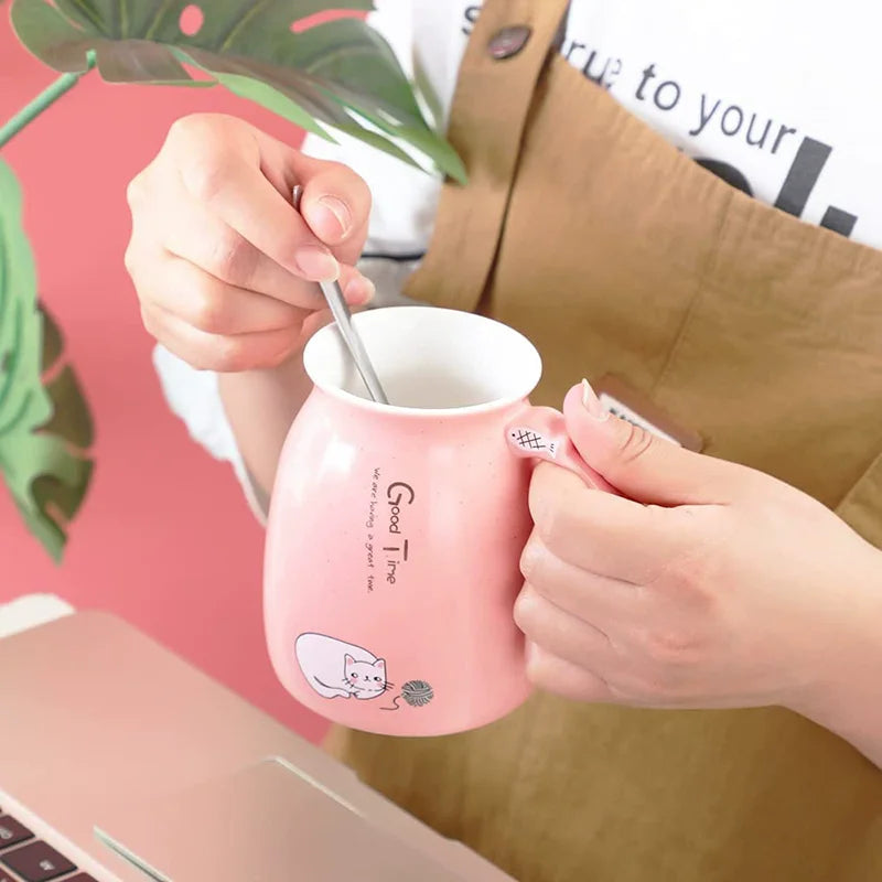 Creative color cat heat-resistant Mug cartoon with lid 380ml cup kitten coffee ceramic mugs children cup office Drinkware gift
