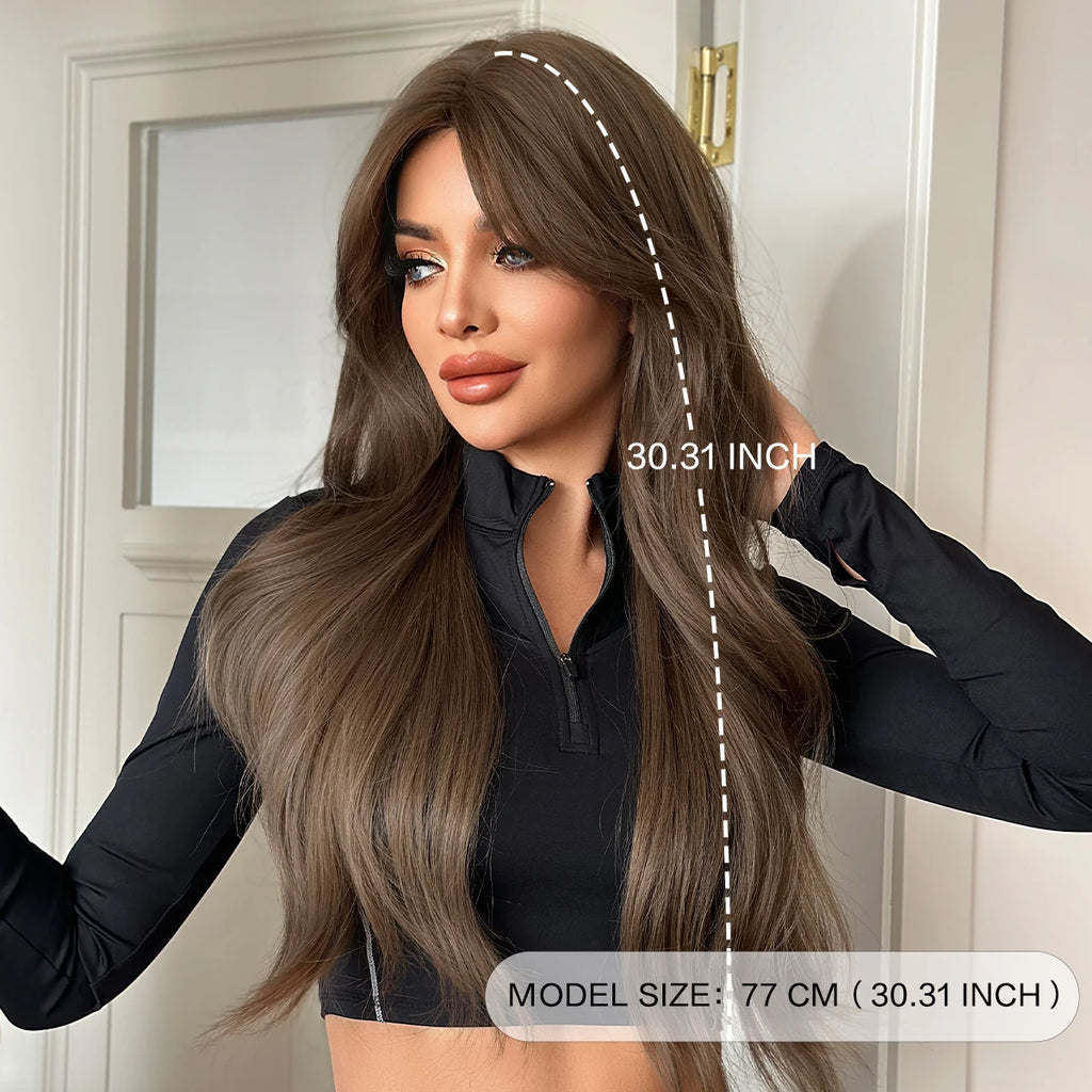 NAMM Long Wavy Light Brown Wigs For Women 30 Inch Curly Wave Wig With Natural Looking Synthetic Fiber Fashion Wig For Party Use