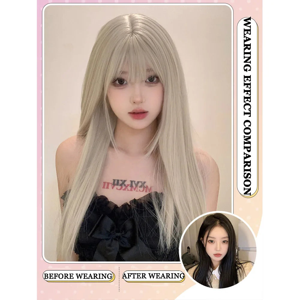 Long Silky Straight Synthetic Wigs with Bangs Beige Gold Cosplay Party Lolita Hair Wigs for Women Natural Heat Resistant Wig