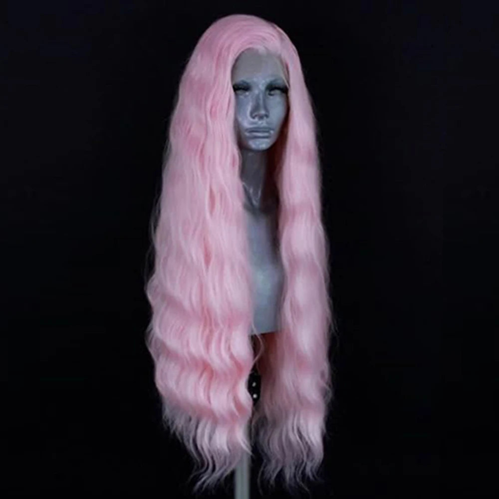 Pastel Pink Natural Wave Wig Synthetic Lace Front Wigs For Women Long Loose Curl Lace Hair Heat Resistant Cosplay Light Pink Wig