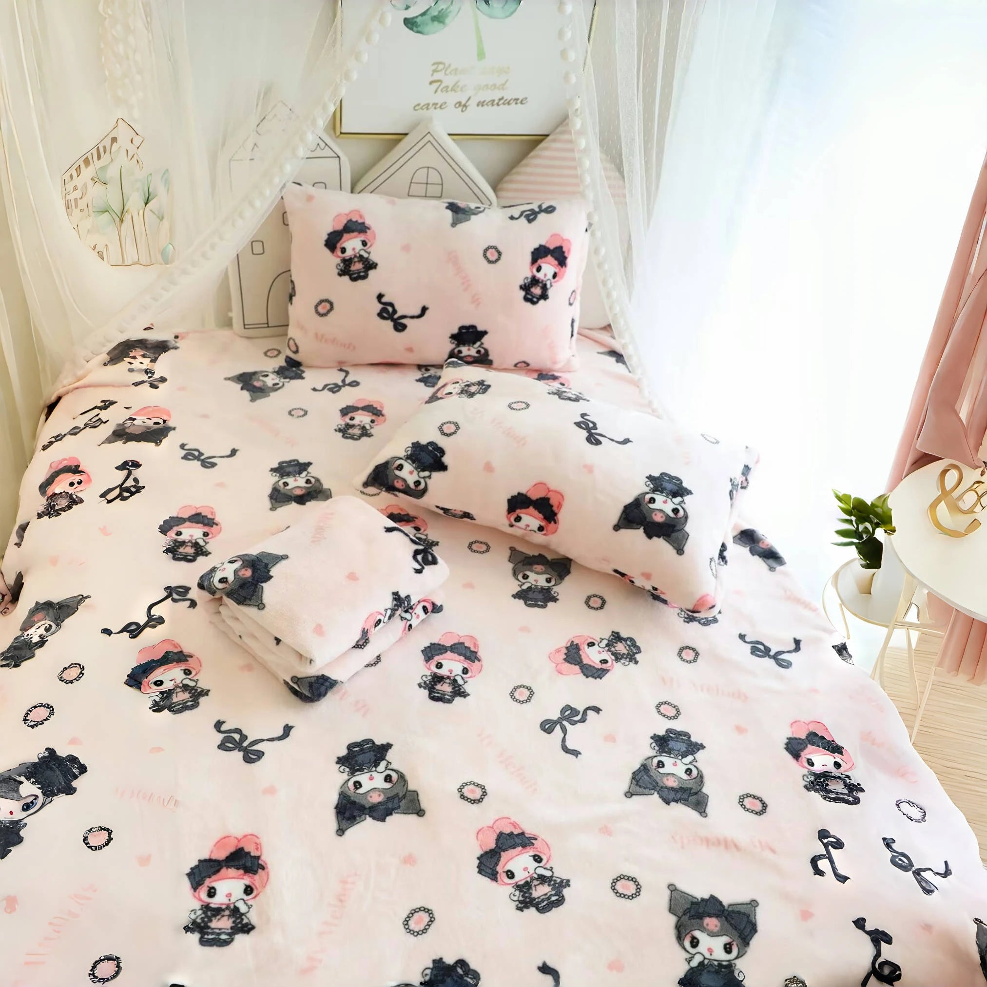Lolita My Melody Kuromi Blanket Cartoon Pattern Printing Warm Blanket Pillowcase Singe Size Flannel Blanket Bedspread Bedroom