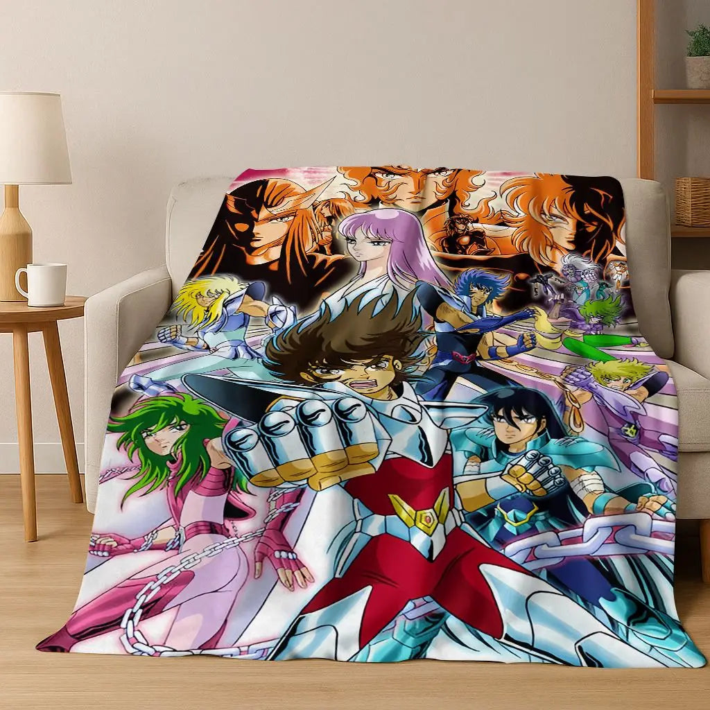 Retro Anime Saint Seiya Gold Saint Cartoon Flannel Blanket,Cozy Soft Throw Blanket for Home Bedroom Bed Sofa Picnic Cover Kids