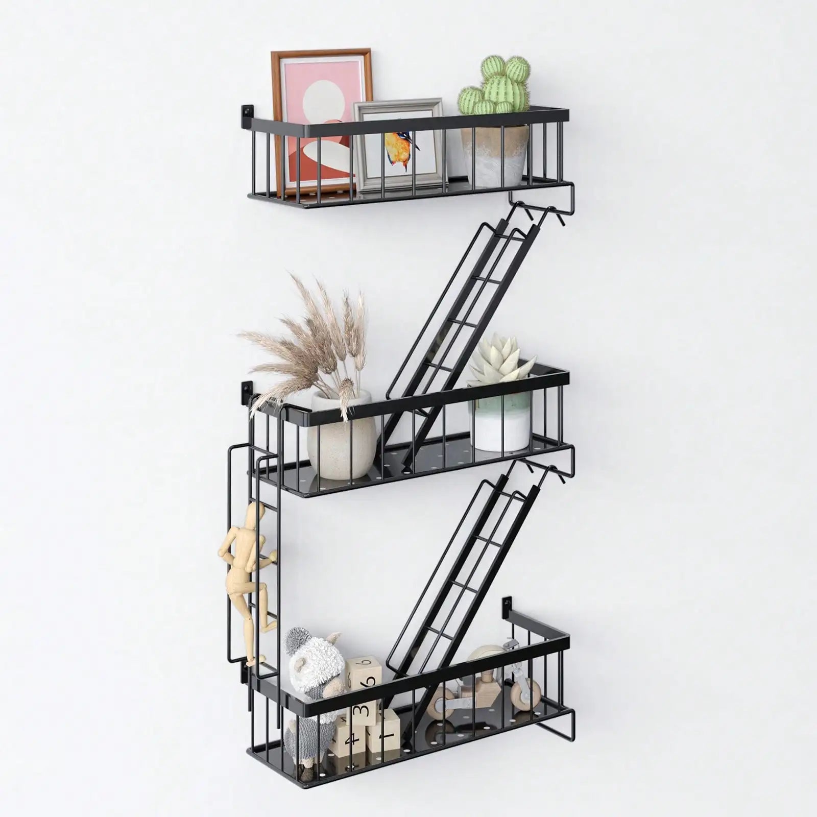 3-Tier New York Style Ladder Shelf Black Metal Floating Shelf for Bedroom Office Storage