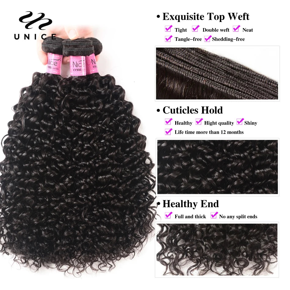 Unice Hair Curly Hair Bundles 1/3/4 PCS Natural Color 100% Human Hair Bundles 100Grams Per Bundle Sew In Quick Weaves