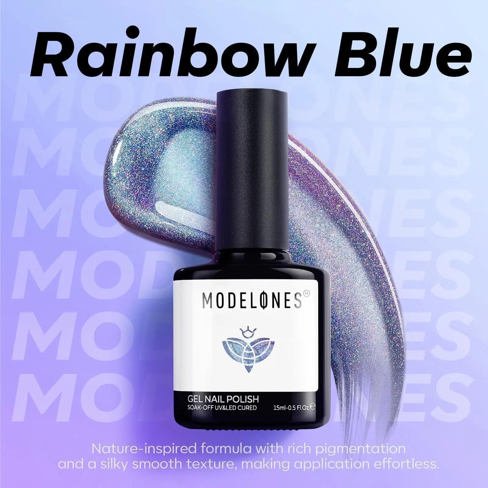 modelones 9D Magnetic Cat Eye Gel Nail Polish, Holographic Blue Purple Rainbow Shimmer, 15ML UV LED Soak Off Gel, valentine