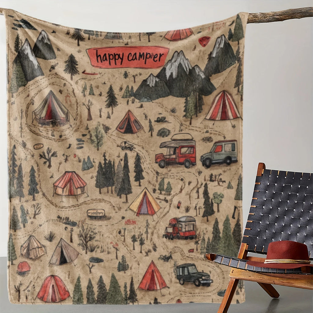 [Soft Vintage Route Mountain Blanket] Vintage Route Mountain and Car Printed Fleece Blanket: Warm, Comfortable, and Soft for Sof