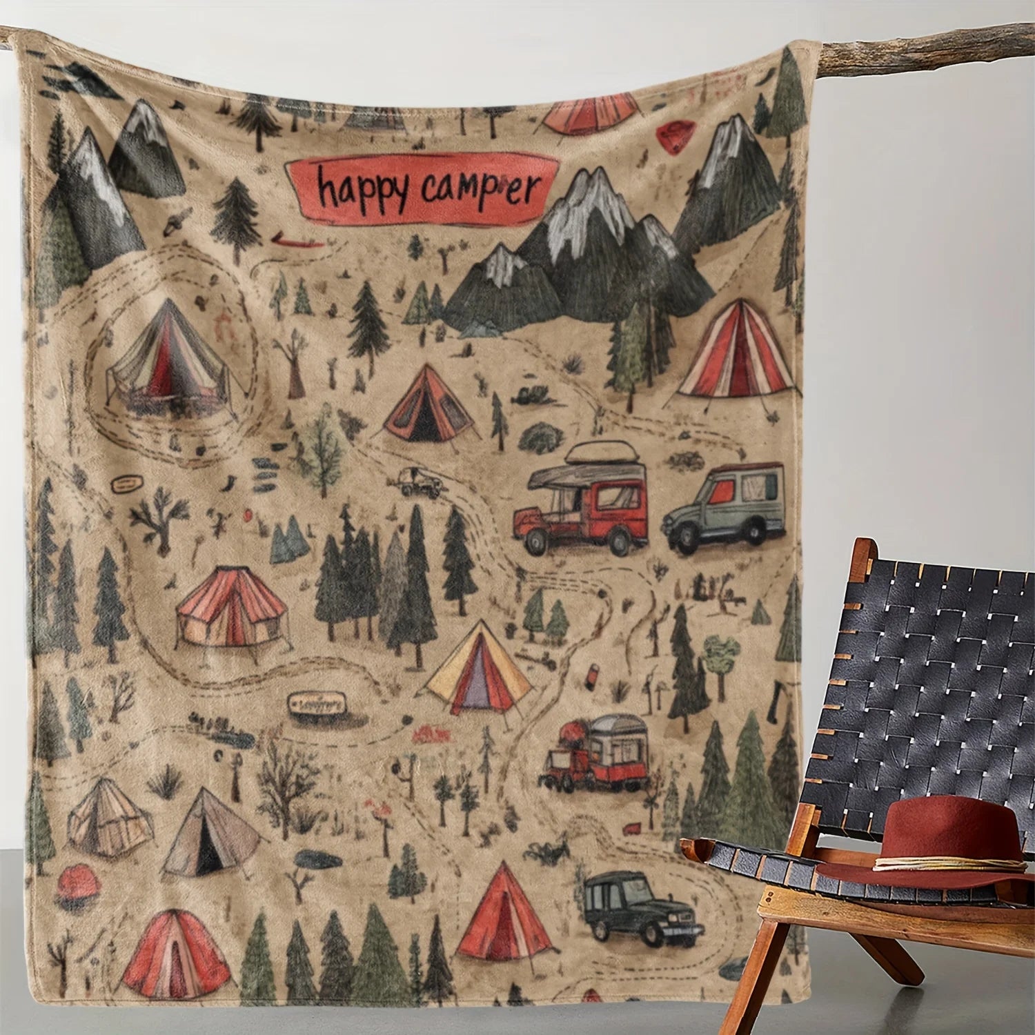 [Soft Vintage Route Mountain Blanket] Vintage Route Mountain and Car Printed Fleece Blanket: Warm, Comfortable, and Soft for Sof