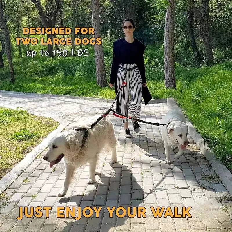 Dual Dog Leash Coupler - Comfort Padded Handles, No-Tangle, No-Pull Bungee Leash - 360° Swivel, Reflective, Shock Absorbing - Pe