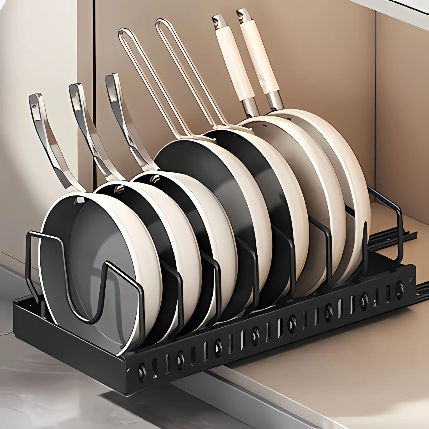 1pc Under-Cabinet Sliding Pull-Out Lid Organizer - with 8 Adjustable Dividers