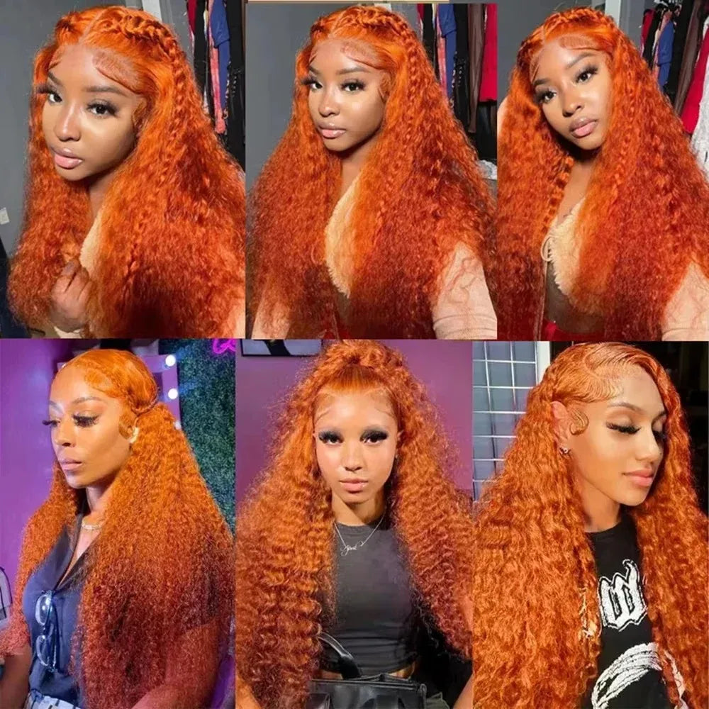 SIXQUEEN 30 34 Inch Ginger Orange Deep Wave 13x6 Lace Frontal Wig Human Hair Curly 350 Colored 13x4 Lace Front Wigs 260 Density
