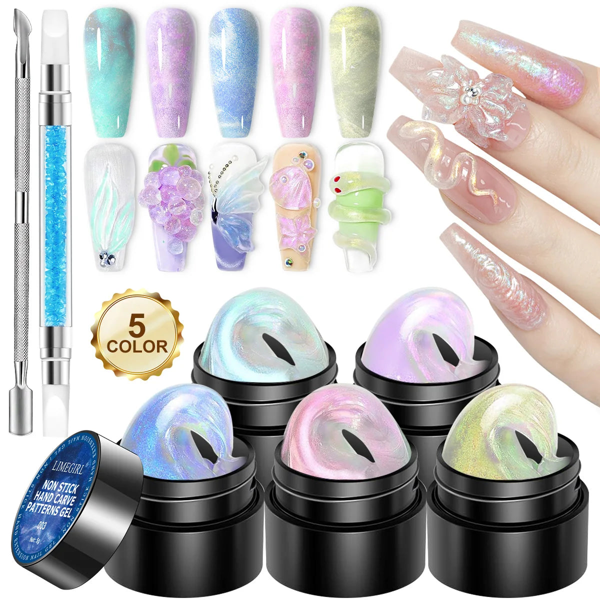 Quick Building Extesion UV Gel Set Non Stick Hand Carve Patterns Gel for Manicure 3D Art DIY Nails Tip Extesion Engraving Tools