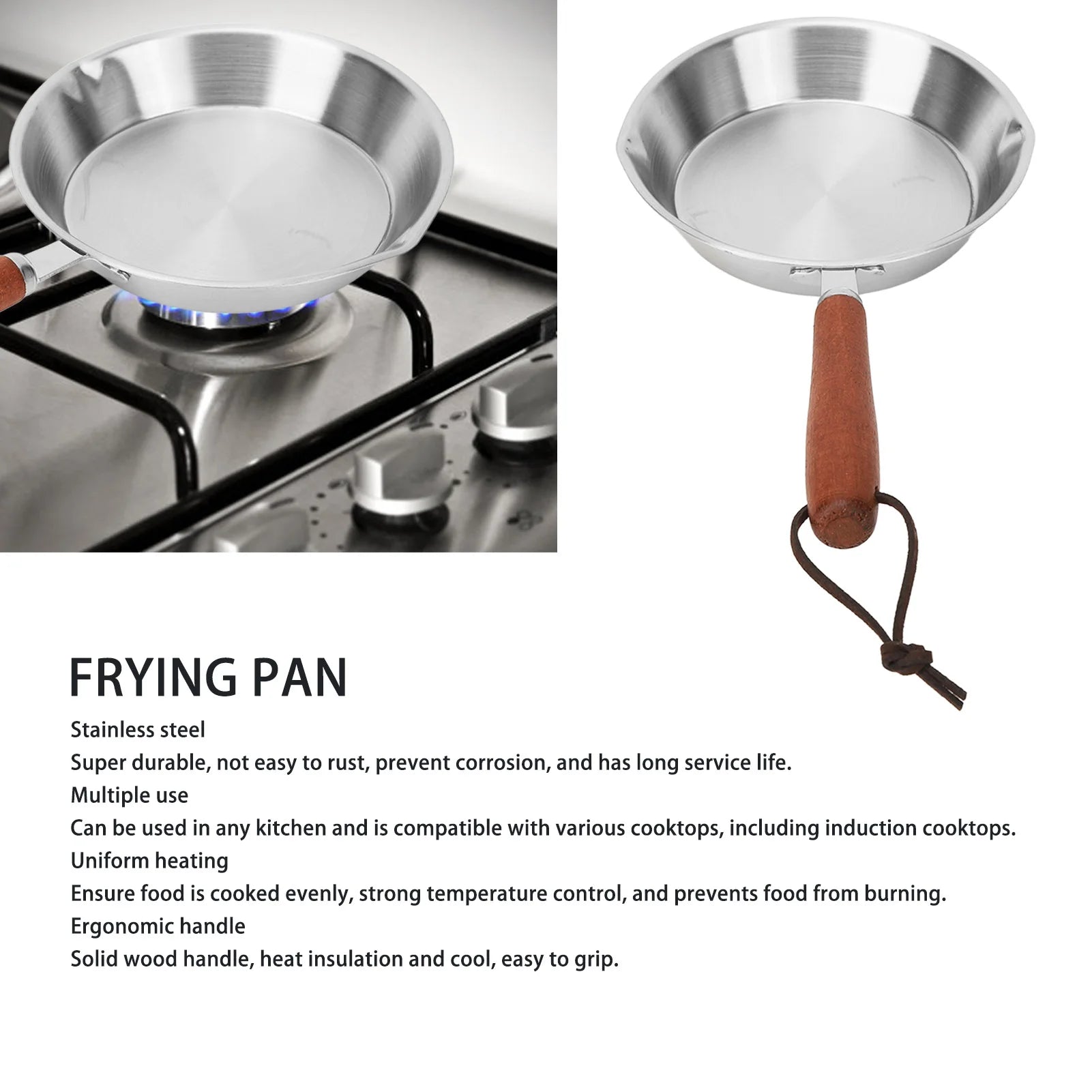 12/16cm Kitchen Frying Pan Stainless Steel Egg Pan Wooden Handle for Household Restaurant Induction Cooker Kitchen Cookware