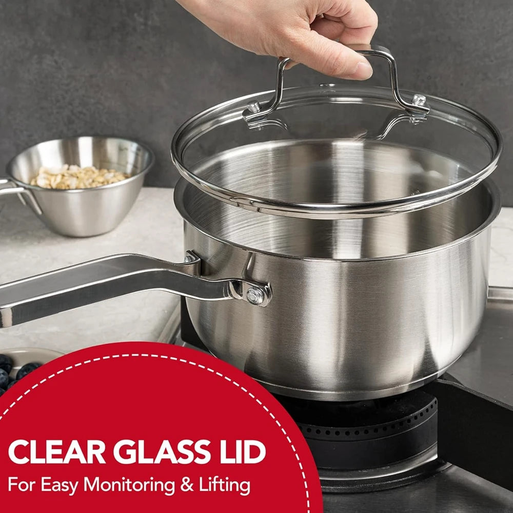 304 Stainless Steel SaucePan 1QT Induction Sauce Pan with Glass Strainer Lid Stainless Steel Sauce Pot Cooking Tools