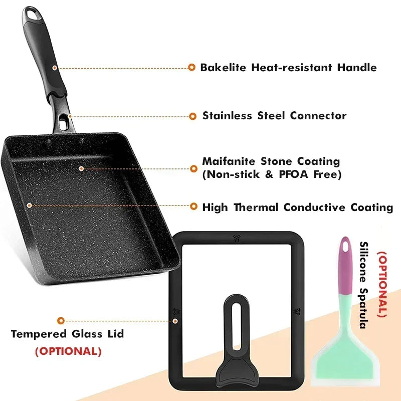 Japanese Omelette Pan / Tamagoyaki Pan, Non-stick Rectangle Egg Frying Pan - Optional Lid & Spatula - Aluminum Alloy