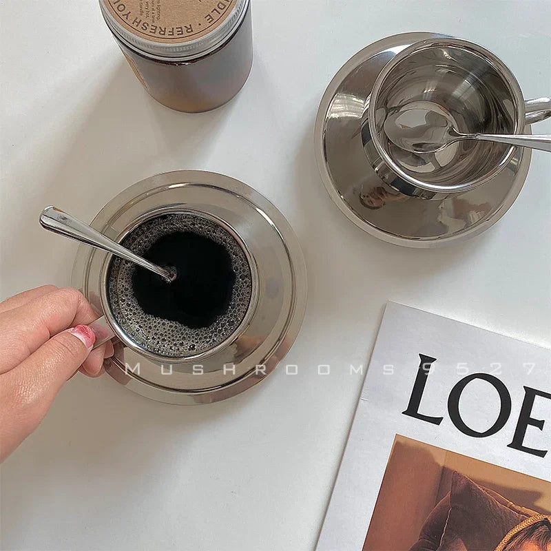 British Style 304 Stainless Steel Coffee Cup Dish Spoon Industrial Style European Three Piece Latte Cup Concentrated Milk