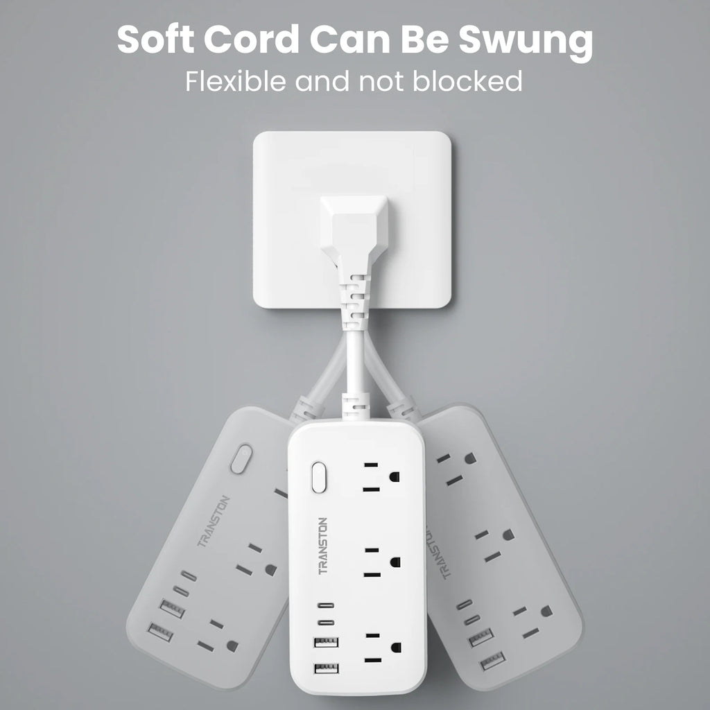 white，power strip surge protector with 6 AC Outlets,2 USB & 2 USB-C Fast Charging Ports,10 in 1,45°tilt plug,Advanced Protection