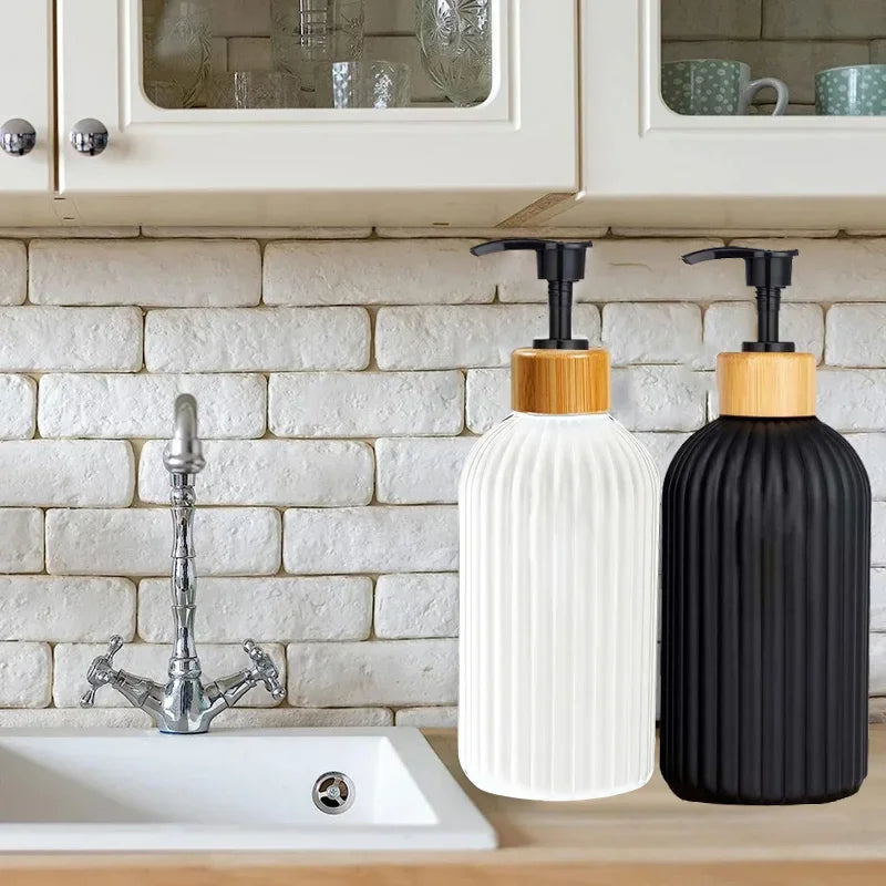 500ml Strip Soap Dispenser With Bamboo Pump Bathroom Refillable Body Wash Shampoo Conditioner Empty Container Lotion Bottle