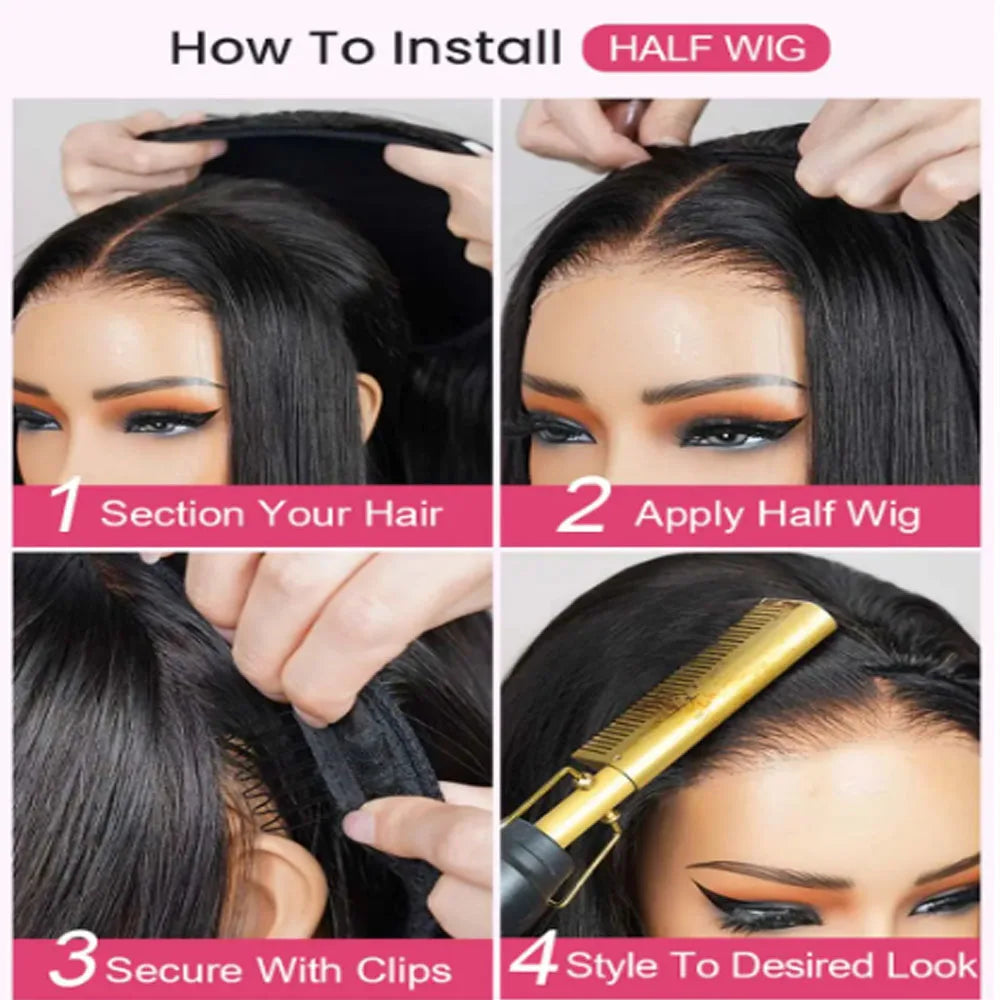 250 Density 3 IN 1 Half Wigs Human Hair Upgrade Remy Straight 3 IN 1 Half Wig With Drawstring Seamless Clip Ins Flip Over Wig