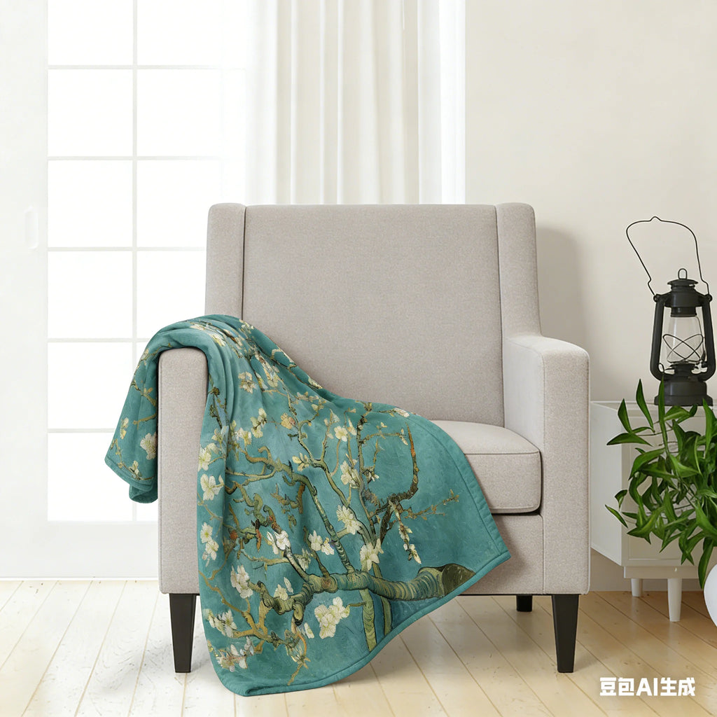 Van Gogh Almond Blossom Flannel Blanket, Classic Impressionist Floral Print, Cozy Artistic Throw for Bed & Sofa