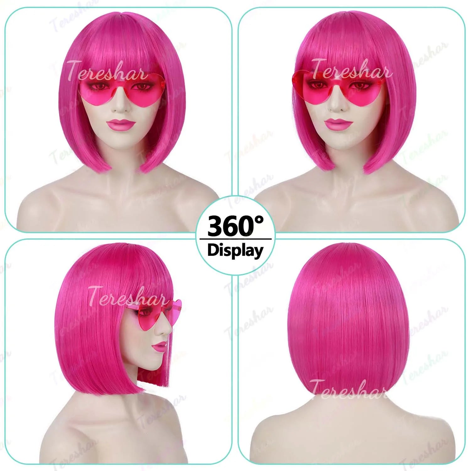 Synthetic Hot Pink Bob Wig+Sunglasses for Women Short Straight Neon Bob Wig with Bangs, 12" Colorful Funny Wig for Party Cosplay