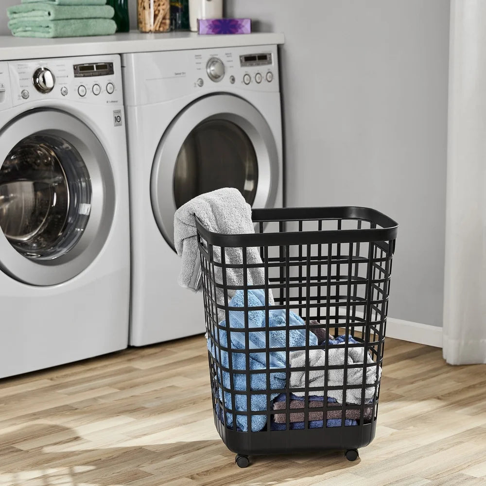 Rolling Laundry Hamper 2.6 Bushel Black Plastic Storage Bin Open Top Portable with Casters Easy Clean Durable Home Dorm Room