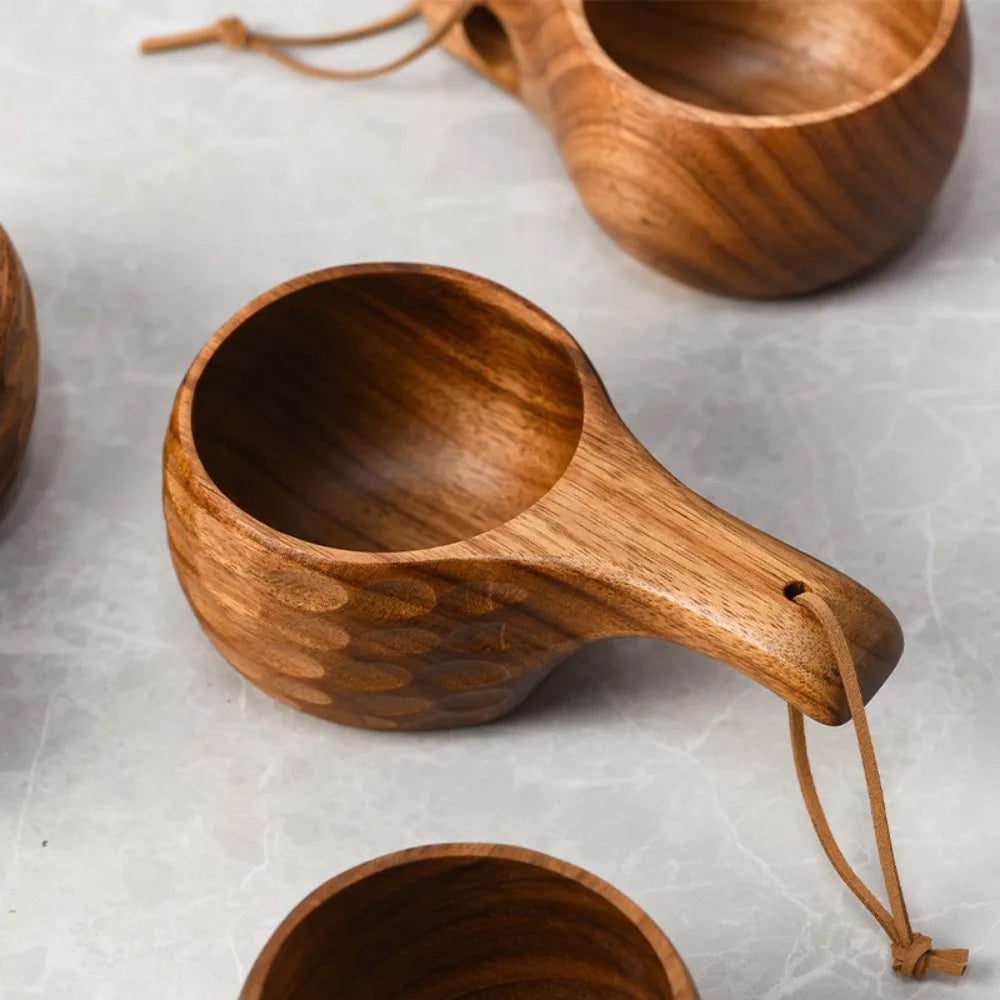 Kuksa Portable Coffee Mug Rubber Wood Handle Two Hole Cowhide Rope Hook Juice Milk Tea Coffee Drinking Cup Drinkware