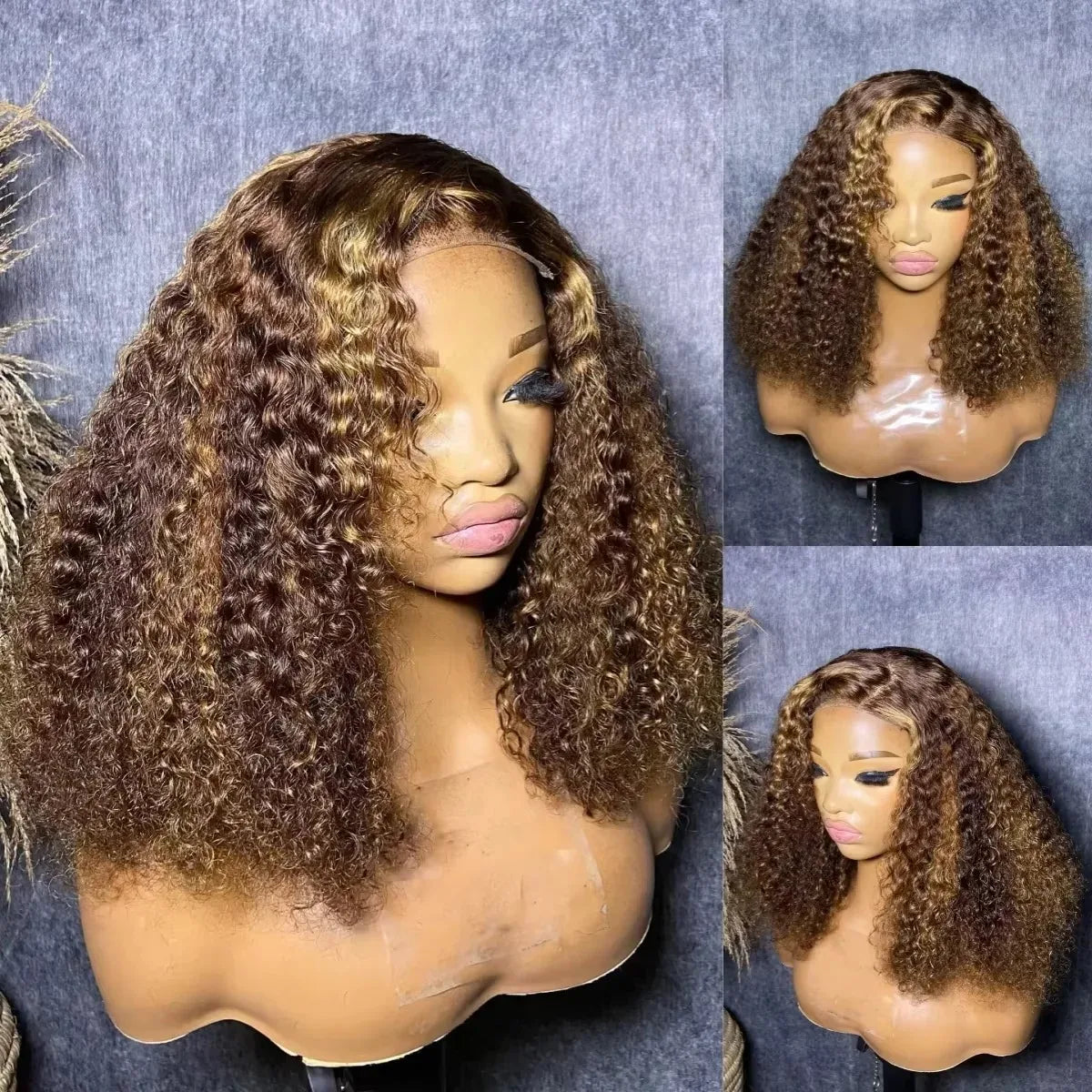 Curly Short Bob Wig Highlight 4/27 Honey Blonde 100% Human Hair 5x5 Glueless Closure Wig Deep Wave For Women Virgin Human Hair