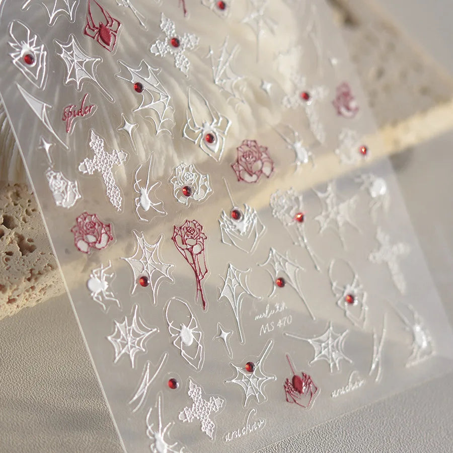 1 piece 5D Spider Web Nail Sticker Cross Silver White Black Glitter Transparent Rhinestone Rose Self-Adhesive Nail Art Sticker