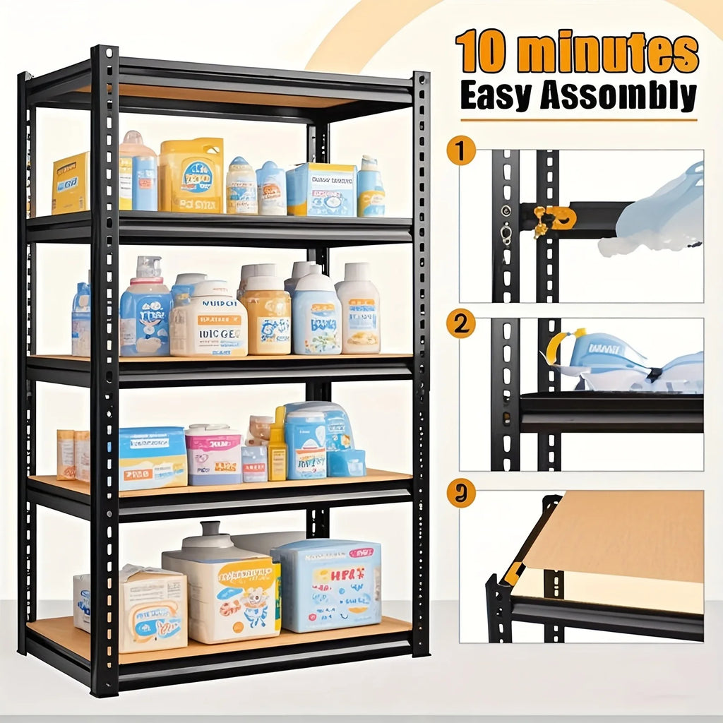 Heavy duty garage racking with 500 lb and 2000 lb capacity, 5-tier utility storage racks and metal shelving units. Suitable for