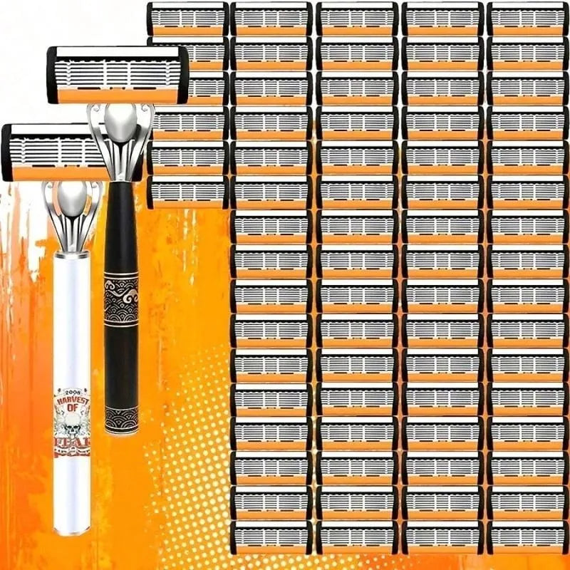 Classic Men's Razor 72 Ultra Sharp Blades Durable Progressive Design Safe Smooth Painless Shaving 2Non Slip Handles Holiday Gift
