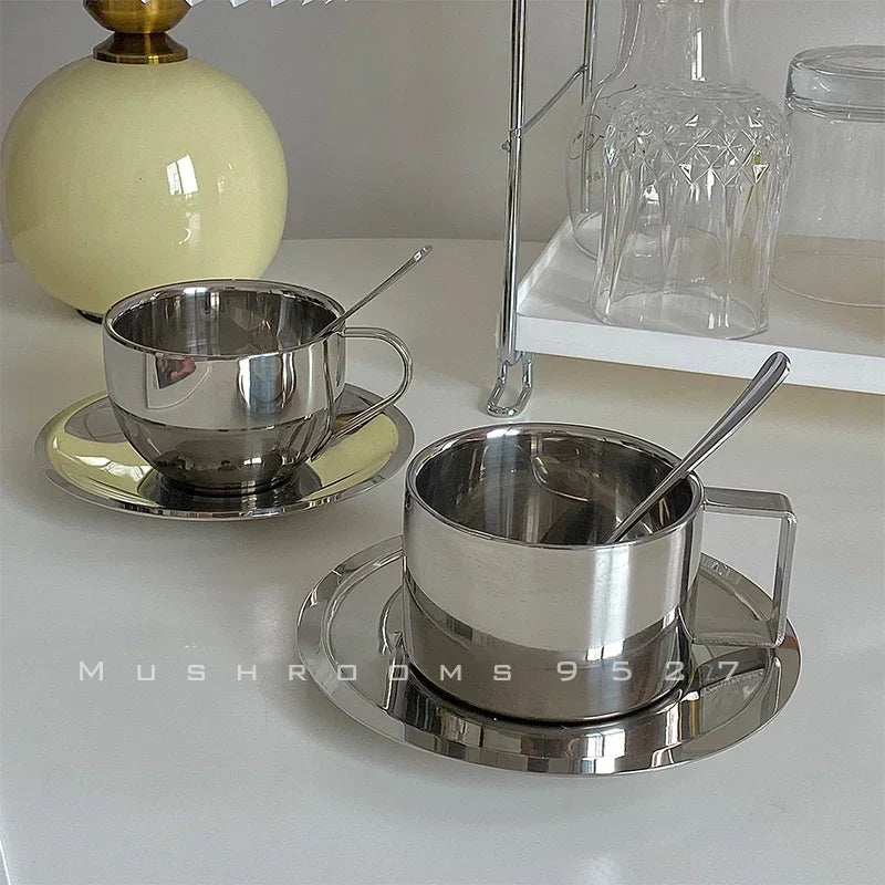 British Style 304 Stainless Steel Coffee Cup Dish Spoon Industrial Style European Three Piece Latte Cup Concentrated Milk