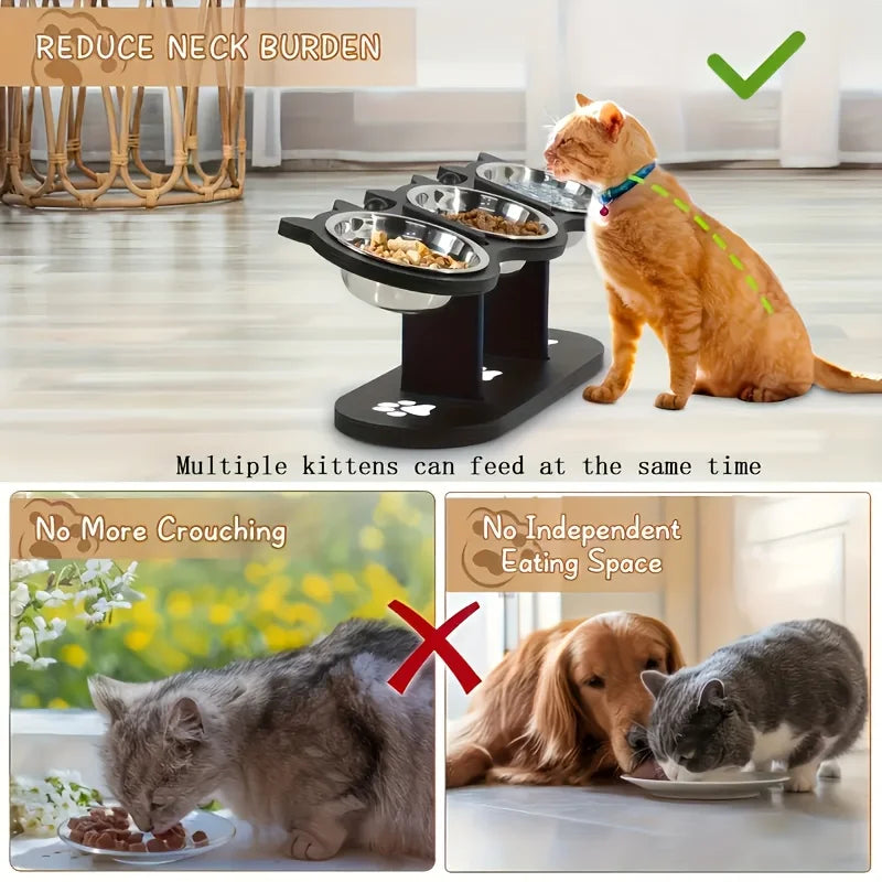 3-Tier Elevated Cat Bowl with Support Stands Wood & Stainless Steel Adjustable 15-Degree Angle Stand Slanted Pet Food Bowl