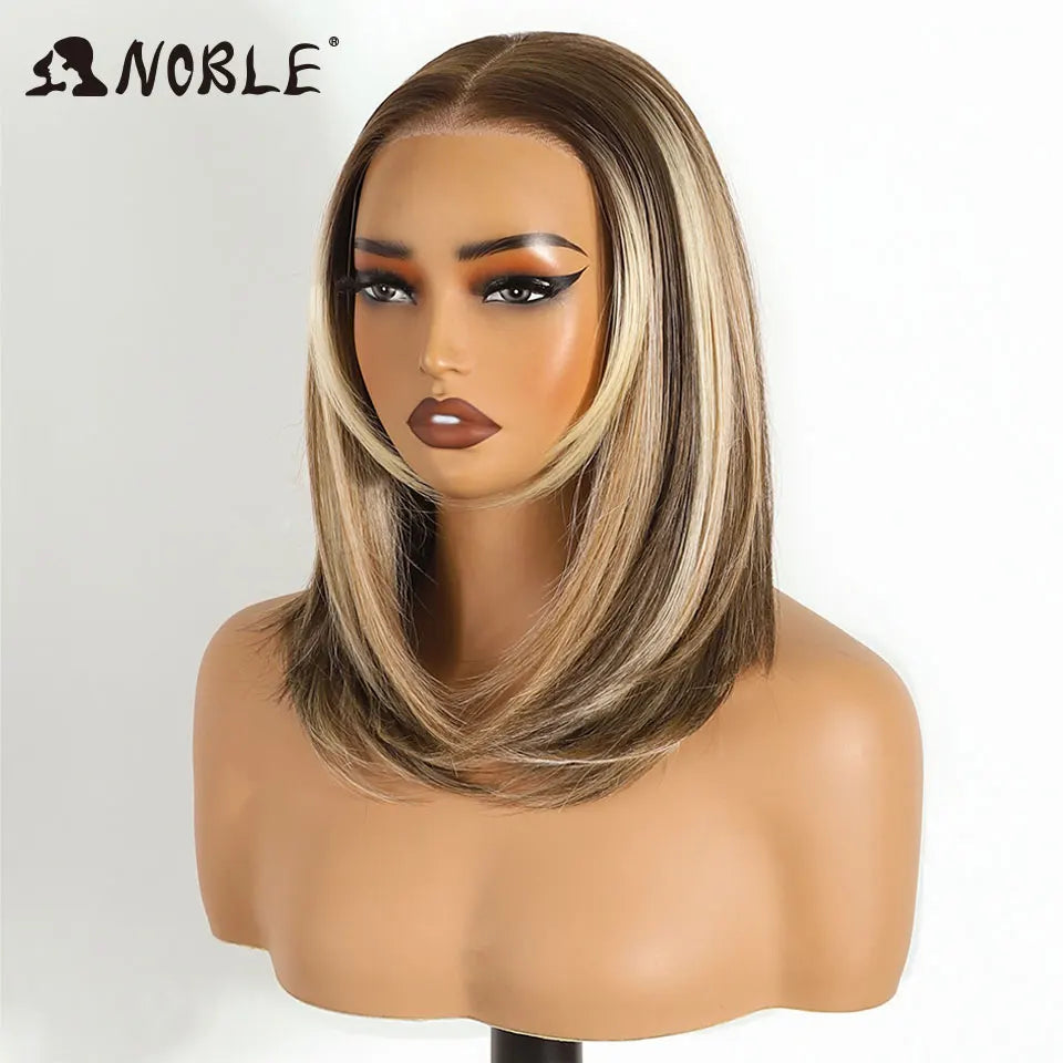 NOBLE 16 Inch 6x4 Lace Front Wig Synthetic Hair Ombre Ash Blonde with Dark Root Heat Resistant Fiber Glueless Wig for Women