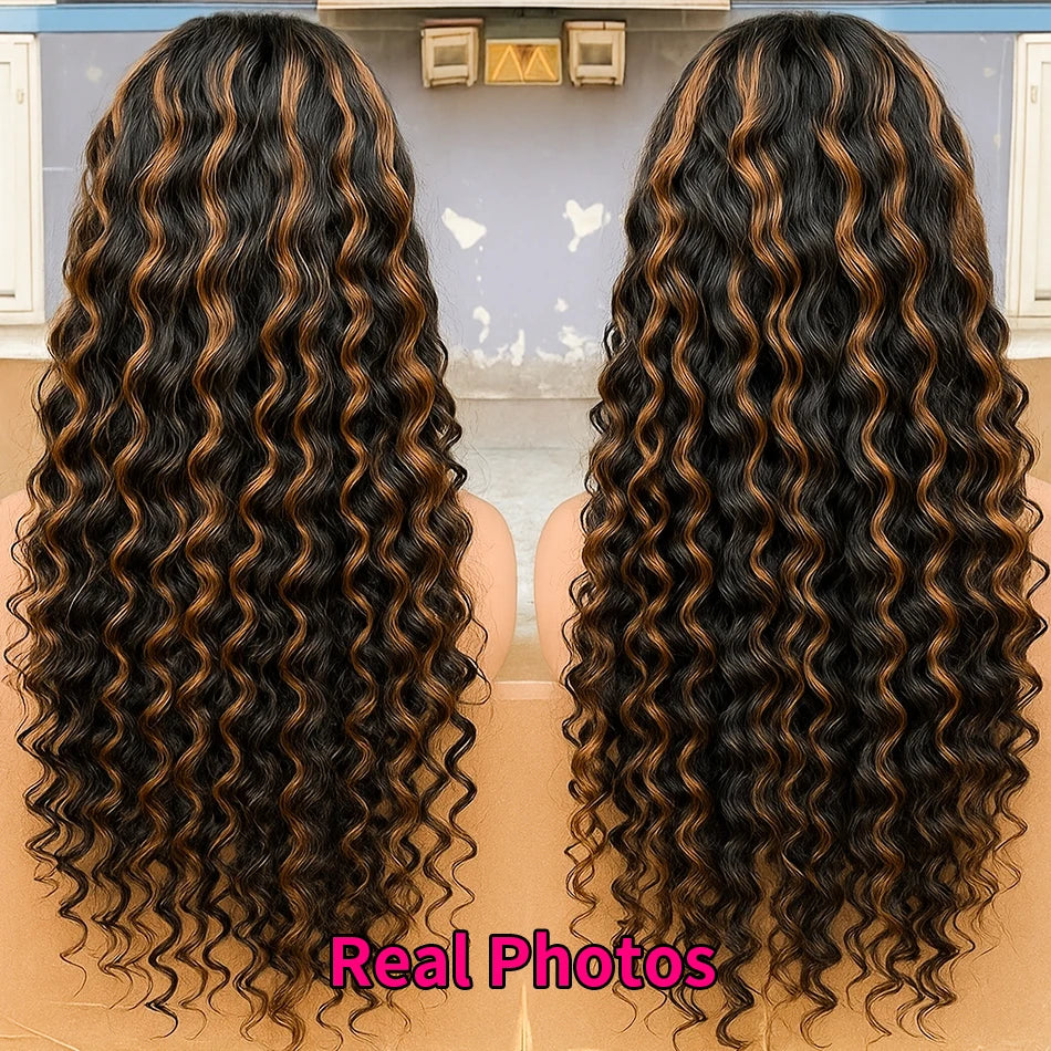 1B/30 Highlight Half Wig Human Hair Deep Wave 3 In 1 Half Wigs With Drawstring Burmese Water Curly Invisible Half Wig Human Hair