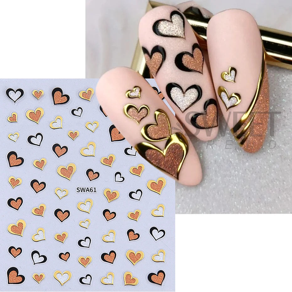 2pcs/set Golden Love Heart Nail Art Stickers 3D Valentine's Day Heart Self-adhesive Nail Supplies Slider Manicure Decorations