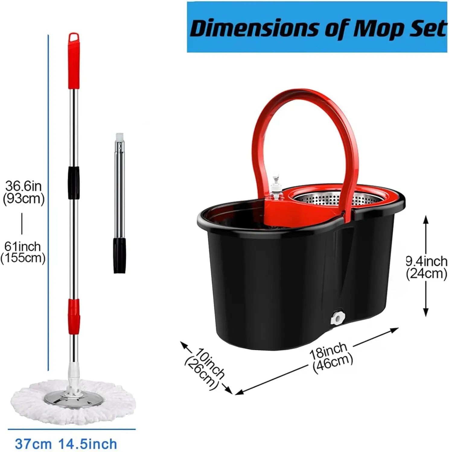 Mop and Bucket with Wringer Set 360° 3psc Microfiber Spin Mop with Bucket and Dual Mop Heads Self Wringing Spinning Mop