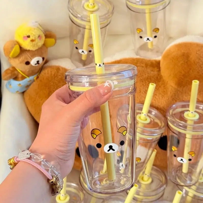 Rilakkuma Straw Cup Large Capacity Transparent Double Layer Cute Cartoon Cold Drinks Water Bottle Portable for Girls